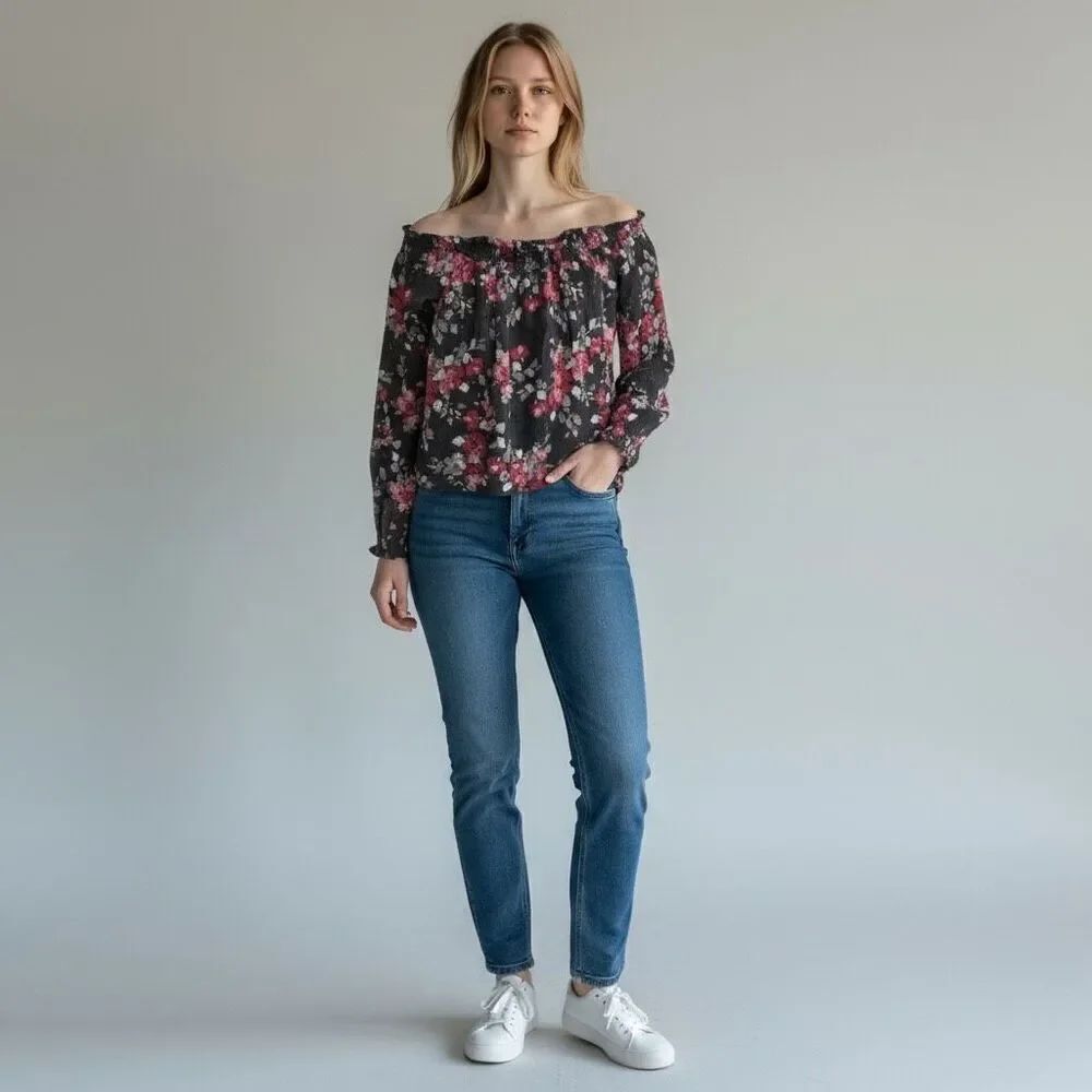 Gray & Pink Floral 3/4 Quarter Sleeve Strapless Off the Shoulder Blouse size M